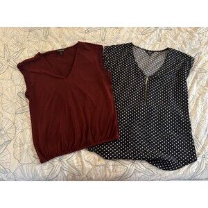Express Women V-neck Shirt Bundle, Maroon Banded Bottom & Black Polka Dot Medium
